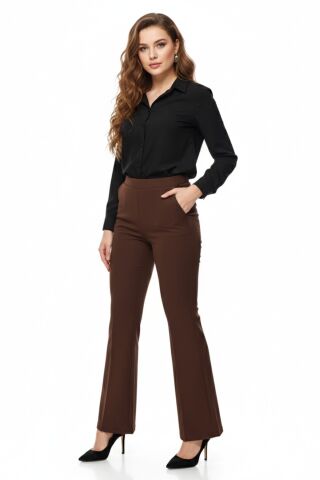 Kadın İspanyol Paça Beli Lastikli Kumaş Pantolon BGL-ST04321 KAHVE - 46