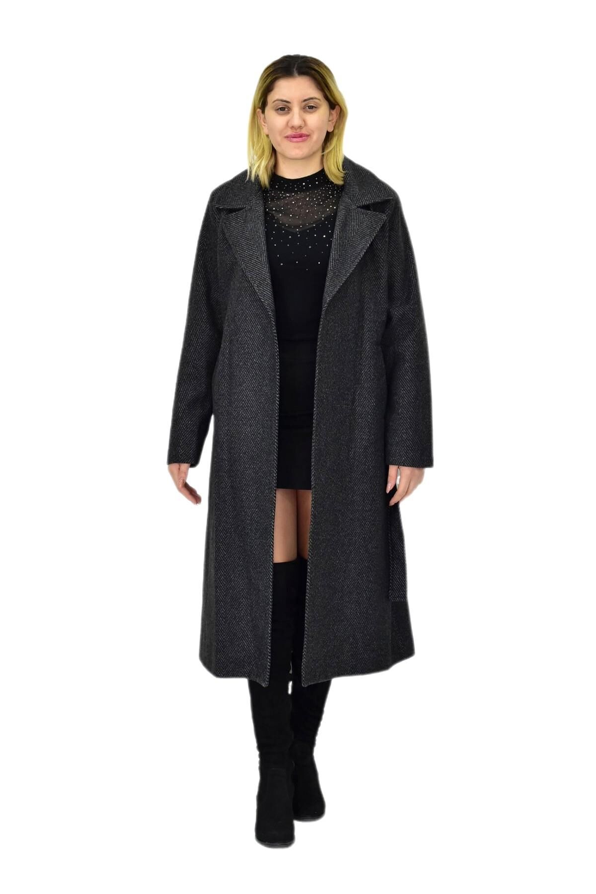 Kadın Balık Sırtı Uzun Kaşe Kaban BGL-ST04116 FÜME - XL