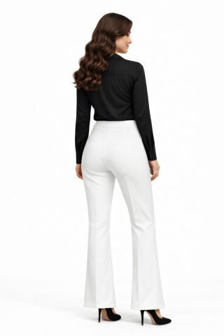 Kadın İspanyol Paça Beli Lastikli Kumaş Pantolon BGL-ST04321 KREM - 38