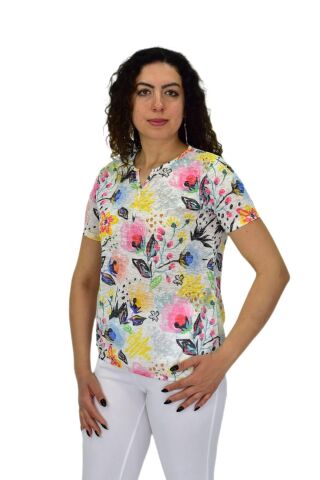 Kadın Kısa Kol Baskılı Bluz BGL-ST04687 KREM - M