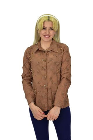 Kadın Brodeli Taşlı Bluz BGL-ST03720 A.KAHVE - 40
