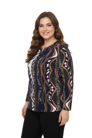 Kadın V Yaka Baskılı 2 Düğmeli Bluz BGL-ST05096 LACİVERT - L