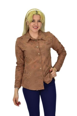 Kadın Brodeli Taşlı Bluz BGL-ST03720 A.KAHVE - 44