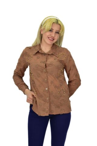 Kadın Brodeli Taşlı Bluz BGL-ST03720 A.KAHVE - 44