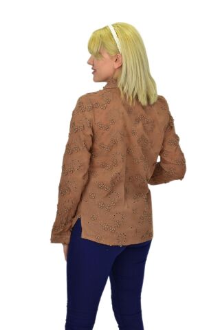 Kadın Brodeli Taşlı Bluz BGL-ST03720 A.KAHVE - 44