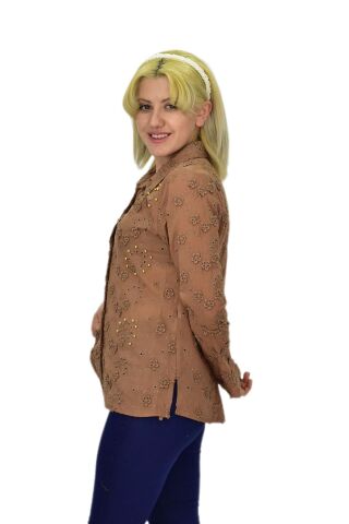Kadın Brodeli Taşlı Bluz BGL-ST03720 A.KAHVE - 44
