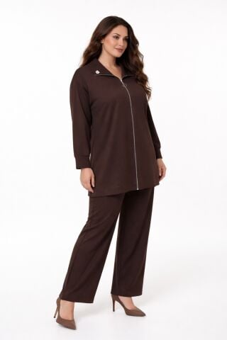 Kadın Fermuarlı Tunik Pantolon Takım  BGL-ST05427 KAHVE - 42