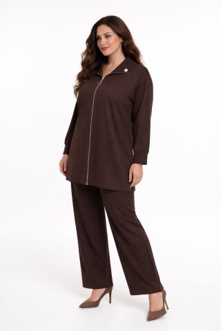Kadın Fermuarlı Tunik Pantolon Takım  BGL-ST05427 KAHVE - 42