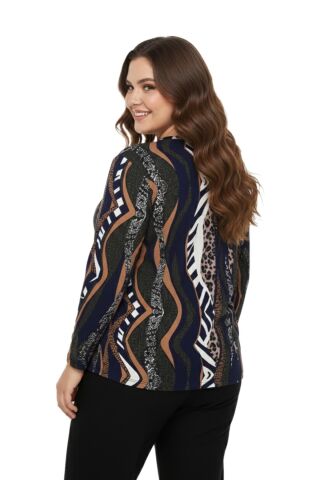 Kadın V Yaka Baskılı 2 Düğmeli Bluz BGL-ST05096 LACİVERT - 3XL