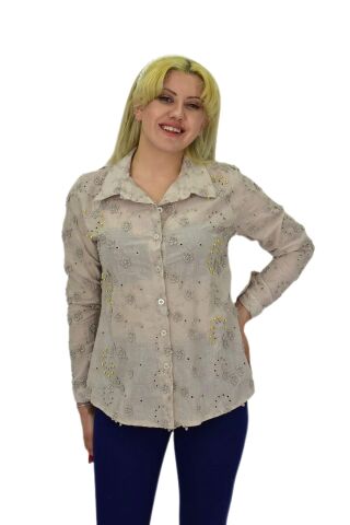 Kadın Brodeli Taşlı Bluz BGL-ST03720 BEJ - 42