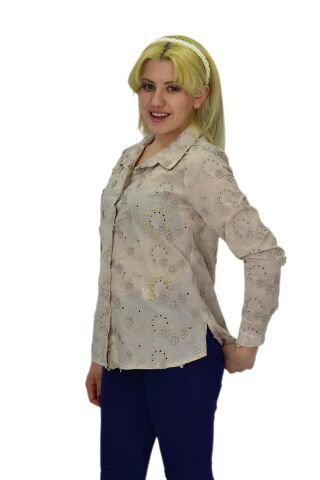 Kadın Brodeli Taşlı Bluz BGL-ST03720 BEJ - 42