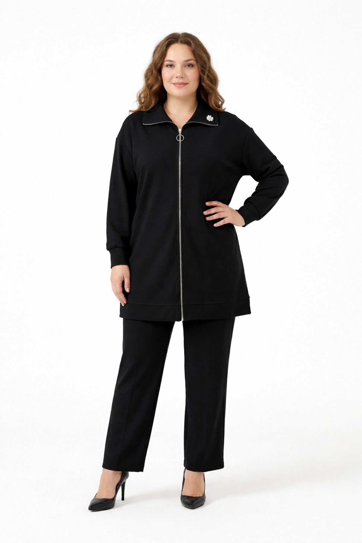 Kadın Fermuarlı Tunik Pantolon Takım  BGL-ST05427 SİYAH - 42