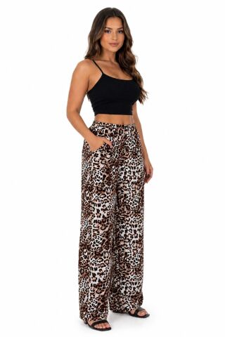 Kadın Emprime Bol Paçalı Lastikli Bağcıklı Pantolon BGL-ST04626 A.KAHVE - L