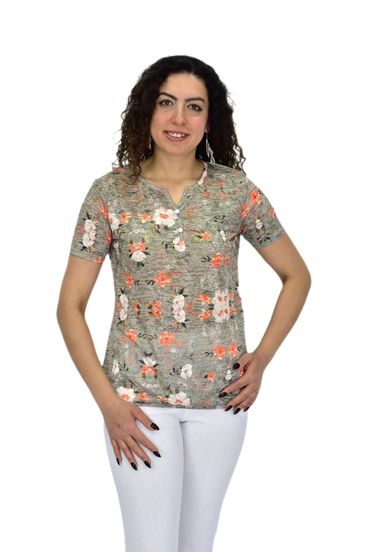 Kadın Kısa Kol Baskılı Bluz BGL-ST04688 HAKİ - XL
