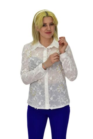 Kadın Brodeli Taşlı Bluz BGL-ST03720 BEYAZ - 38