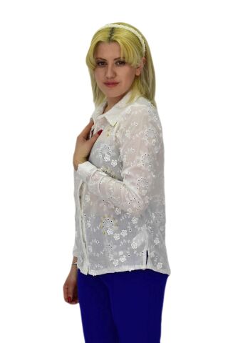 Kadın Brodeli Taşlı Bluz BGL-ST03720 BEYAZ - 38
