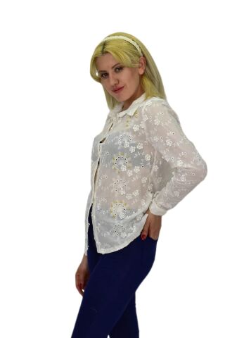 Kadın Brodeli Taşlı Bluz BGL-ST03720 BEYAZ - 38