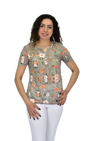 Kadın Kısa Kol Baskılı Bluz BGL-ST04688 HAKİ - 2XL