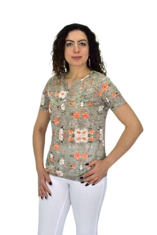 Kadın Kısa Kol Baskılı Bluz BGL-ST04688 HAKİ - 2XL