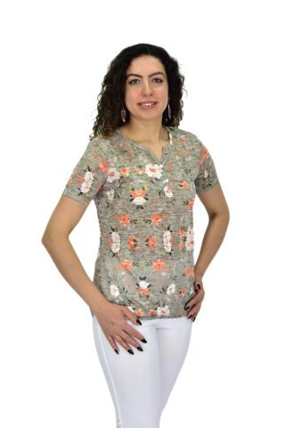 Kadın Kısa Kol Baskılı Bluz BGL-ST04688 HAKİ - 2XL