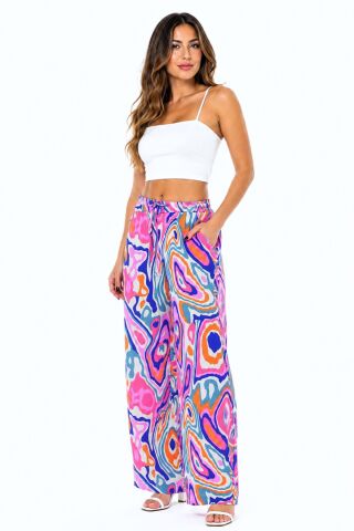 Kadın Emprime Bol Paçalı Lastikli Bağcıklı Pantolon BGL-ST04626 PEMBE - S
