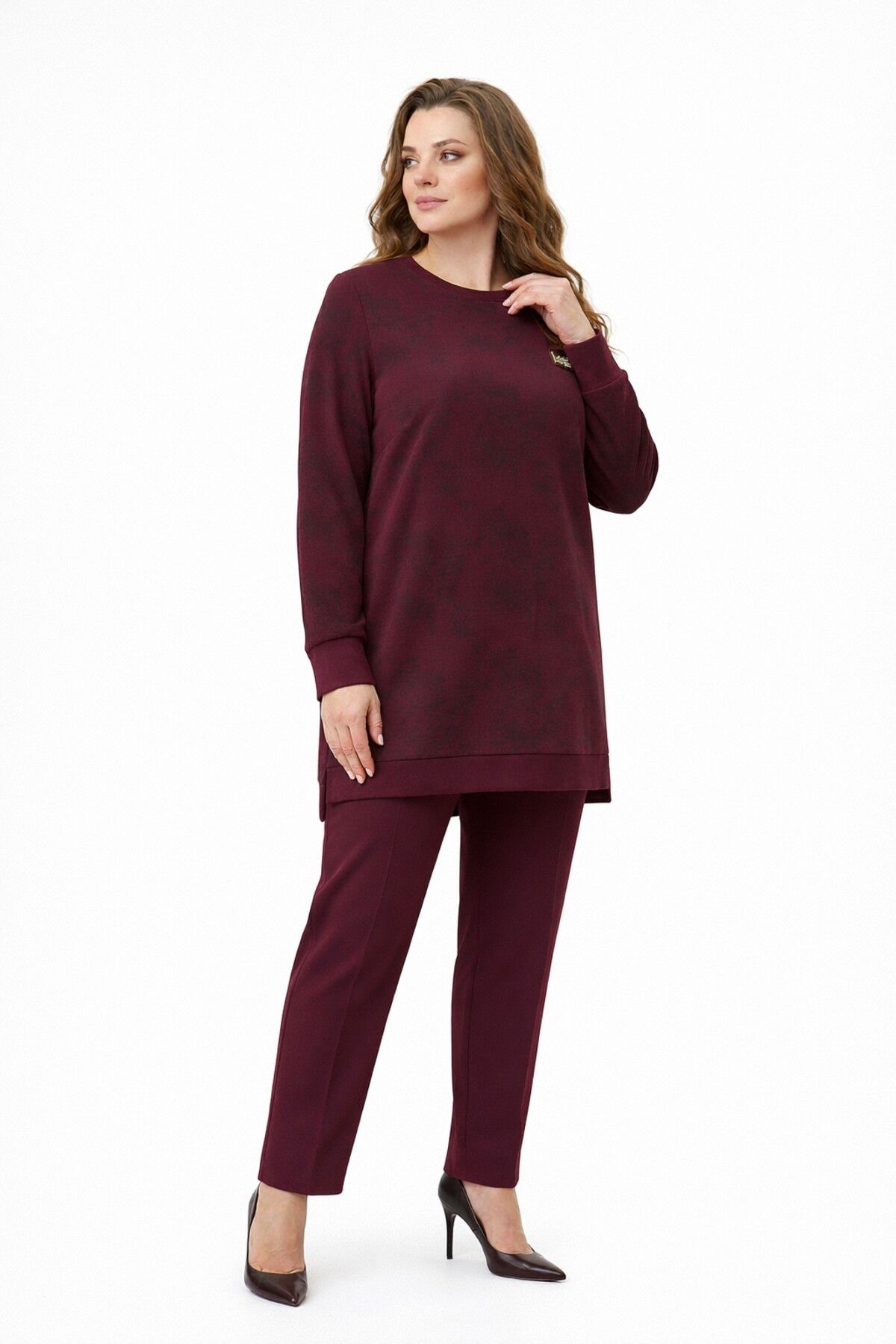 Kadın Gölge Desen Tunik Pantolon Takım  BGL-ST05430 BORDO - M