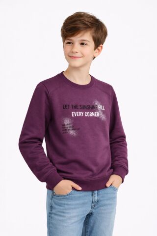 Erkek Çocuk Önü Arkası Baskılı Sweatshirt BGL-ST05231 MÜRDÜM - 13 YAŞ