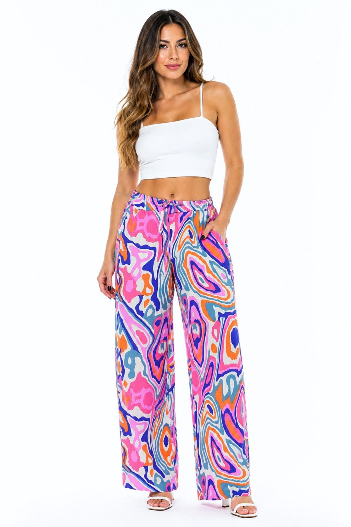 Kadın Emprime Bol Paçalı Lastikli Bağcıklı Pantolon BGL-ST04626 PEMBE - M