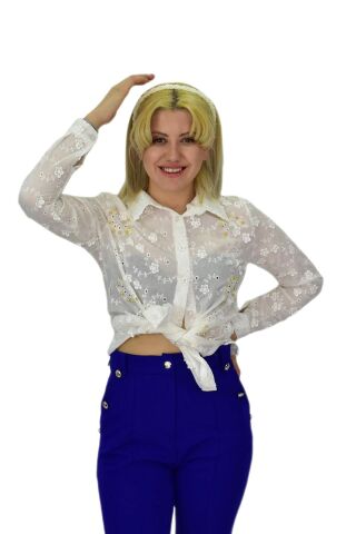 Kadın Brodeli Taşlı Bluz BGL-ST03720 BEYAZ - 44