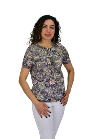 Kadın Kısa Kol Baskılı Bluz BGL-ST04689 FÜME - M
