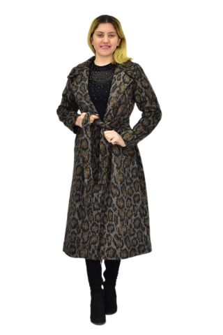 Kadın Leopar Desenli Uzun Kaşe Kaban BGL-ST04114
