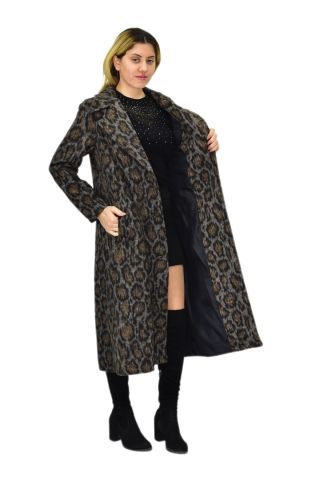 Kadın Leopar Desenli Uzun Kaşe Kaban BGL-ST04114