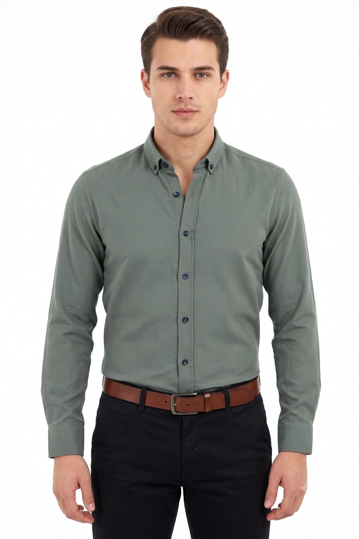 Erkek Slim Fitt Uzun Kol Petek Dokulu Gömlek BGL-ST05628 HAKİ - M