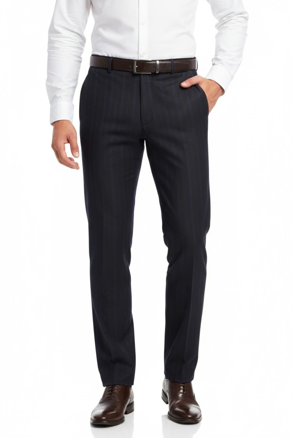 Erkek Regular Fit Çizgili  Kumaş Pantolon Likra Kumaş BGL-ST05037 SİYAH - 46
