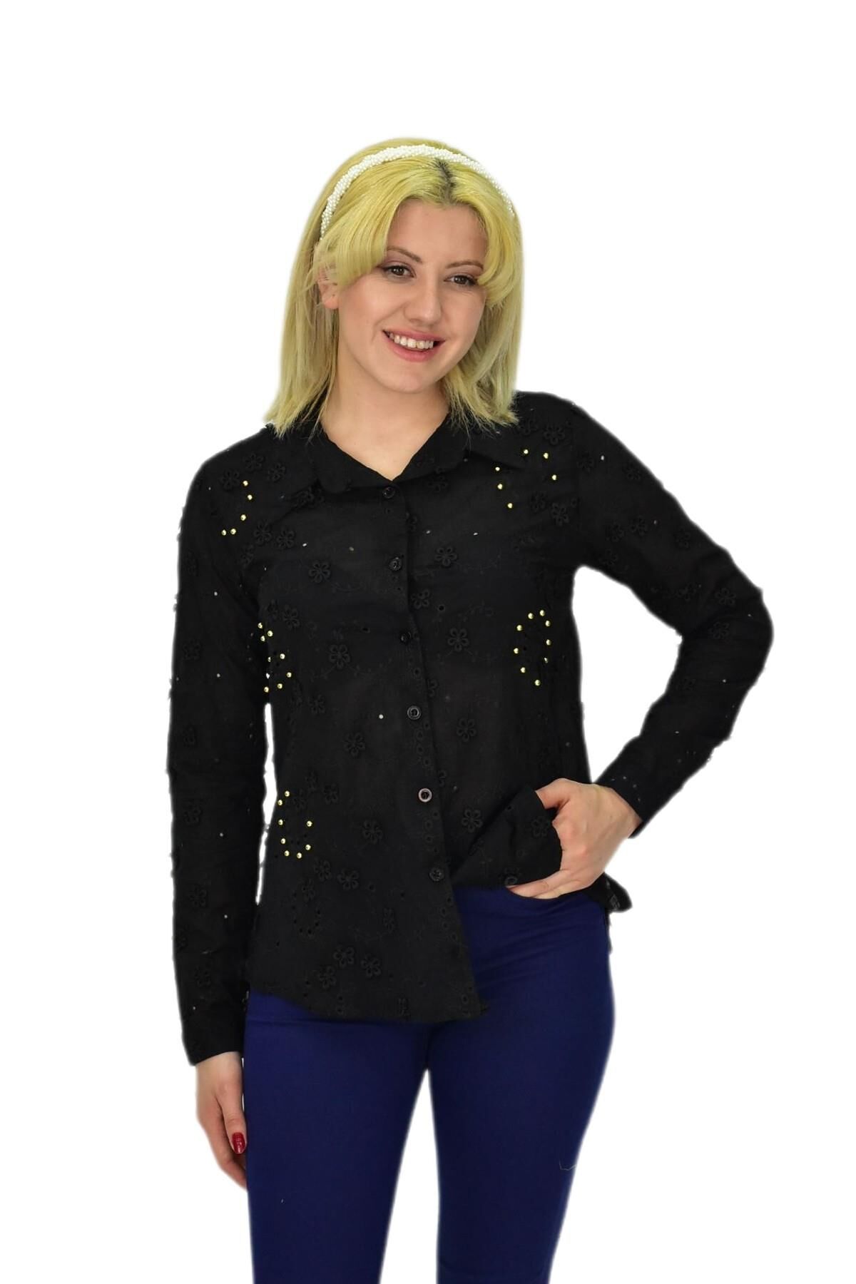 Kadın Brodeli Taşlı Bluz BGL-ST03720 SİYAH - 42