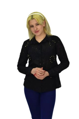 Kadın Brodeli Taşlı Bluz BGL-ST03720 SİYAH - 42