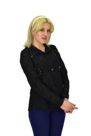 Kadın Brodeli Taşlı Bluz BGL-ST03720 SİYAH - 42