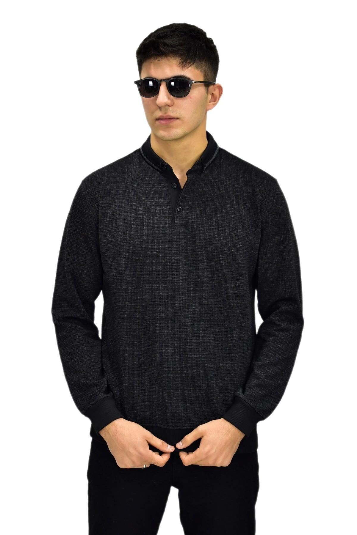 Erkek Polo Yaka Sweatshirt R2253 BGL-ST03200 SİYAH - M