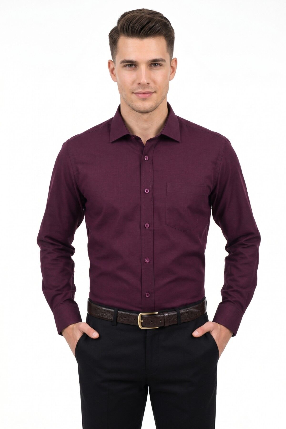 Erkek Büyük Beden Klasik Tek Cepli Uzun Kol Gömlek 3401 BGL-ST05530 BORDO - 5XL