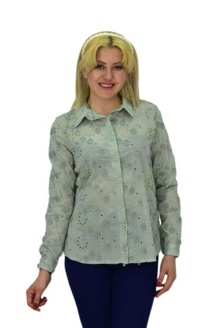 Kadın Brodeli Taşlı Bluz BGL-ST03720 YEŞİL - 40