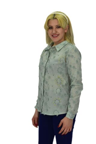 Kadın Brodeli Taşlı Bluz BGL-ST03720 YEŞİL - 40
