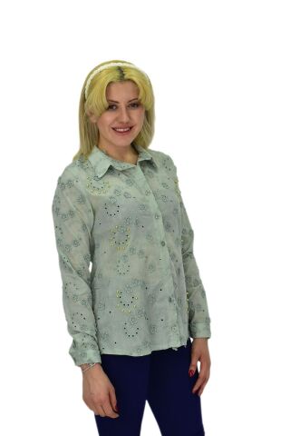 Kadın Brodeli Taşlı Bluz BGL-ST03720 YEŞİL - 40