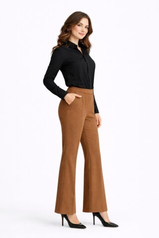 Kadın İspanyol Paça Beli Lastikli Kumaş Pantolon BGL-ST04321 TABA - 46