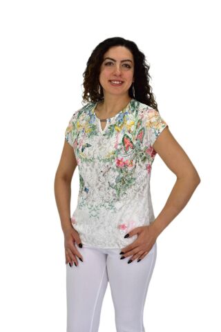 Kadın Kısa Kol Baskılı Bluz BGL-ST04691 KREM - M