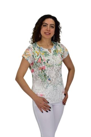 Kadın Kısa Kol Baskılı Bluz BGL-ST04691 KREM - M
