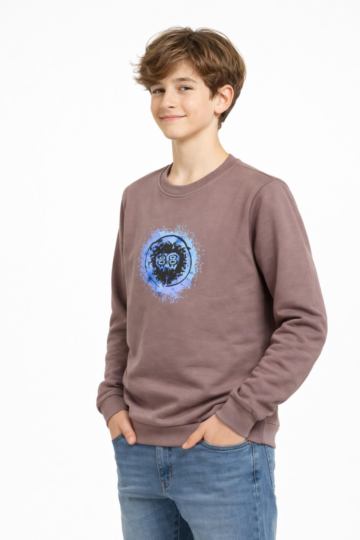 Erkek Çocuk Ön Arka Baskılı Sweatshirt BGL-ST05230 VİZON - 13 YAŞ