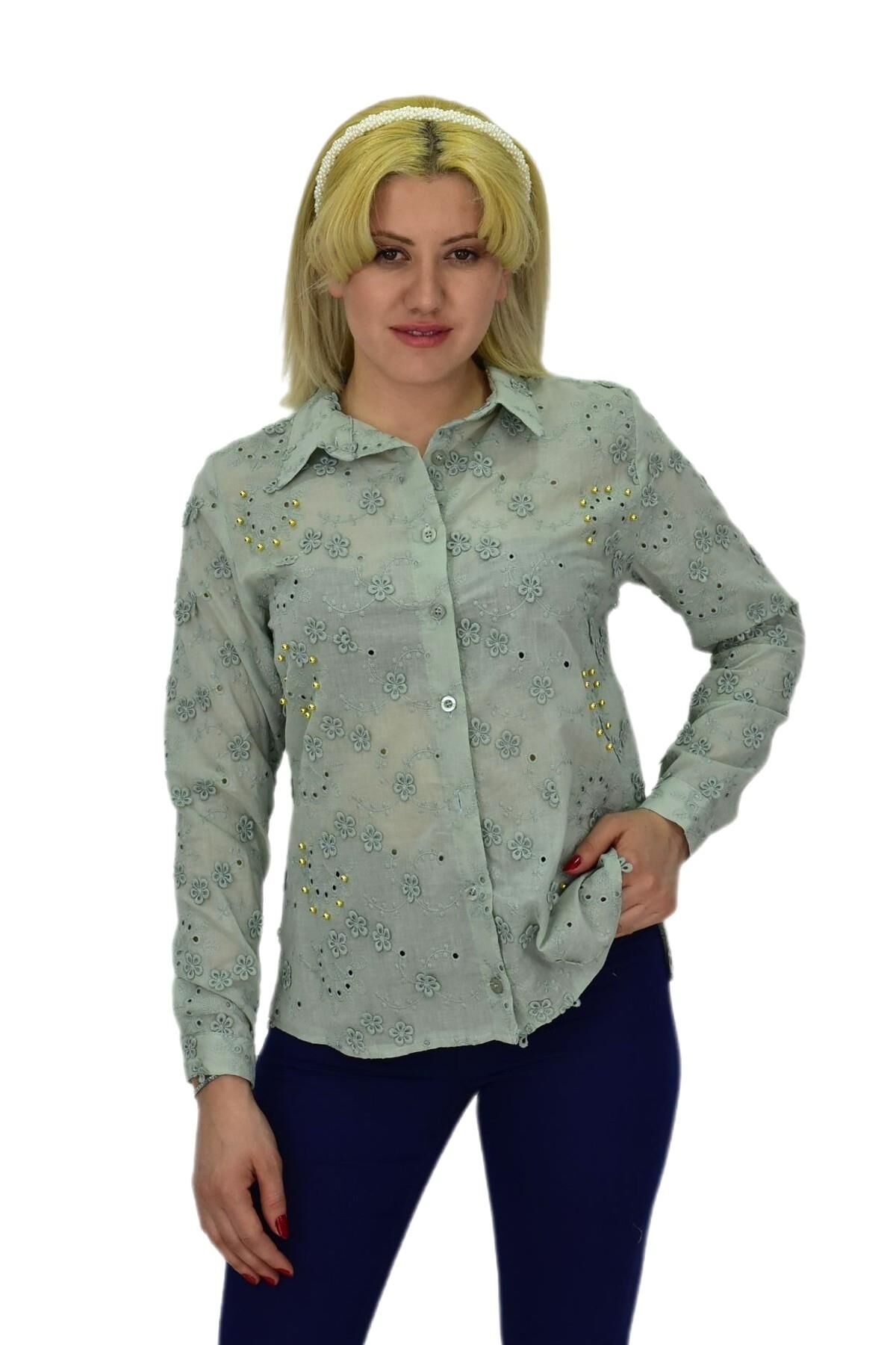 Kadın Brodeli Taşlı Bluz BGL-ST03720 YEŞİL - 44