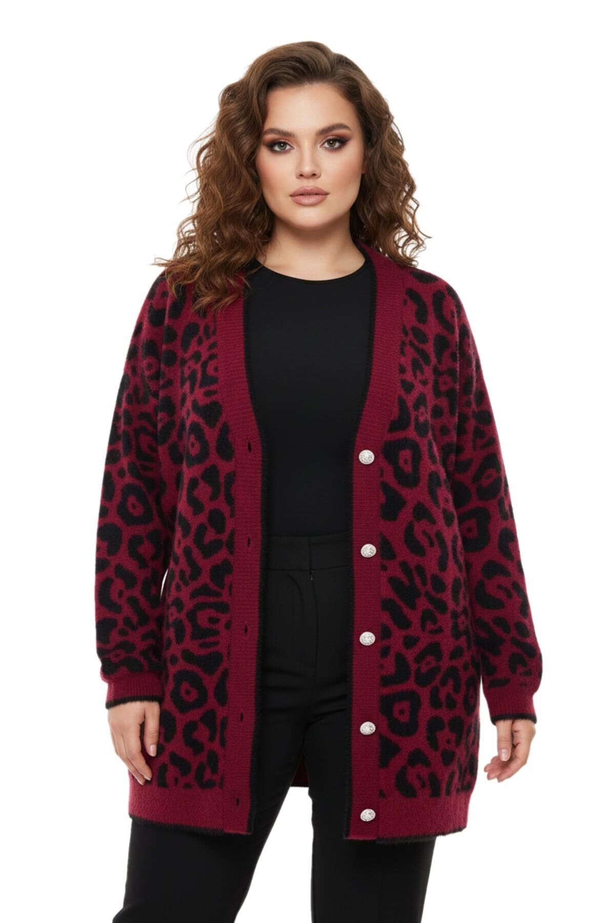 Kadın Leopar Desen Hırka 101002 BGL-ST04079 BORDO - L/XL