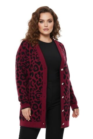Kadın Leopar Desen Hırka 101002 BGL-ST04079 BORDO - L/XL