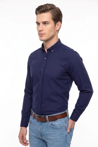 Erkek Slim Fitt Uzun Kol Petek Dokulu Gömlek BGL-ST05628 LACİVERT - XL